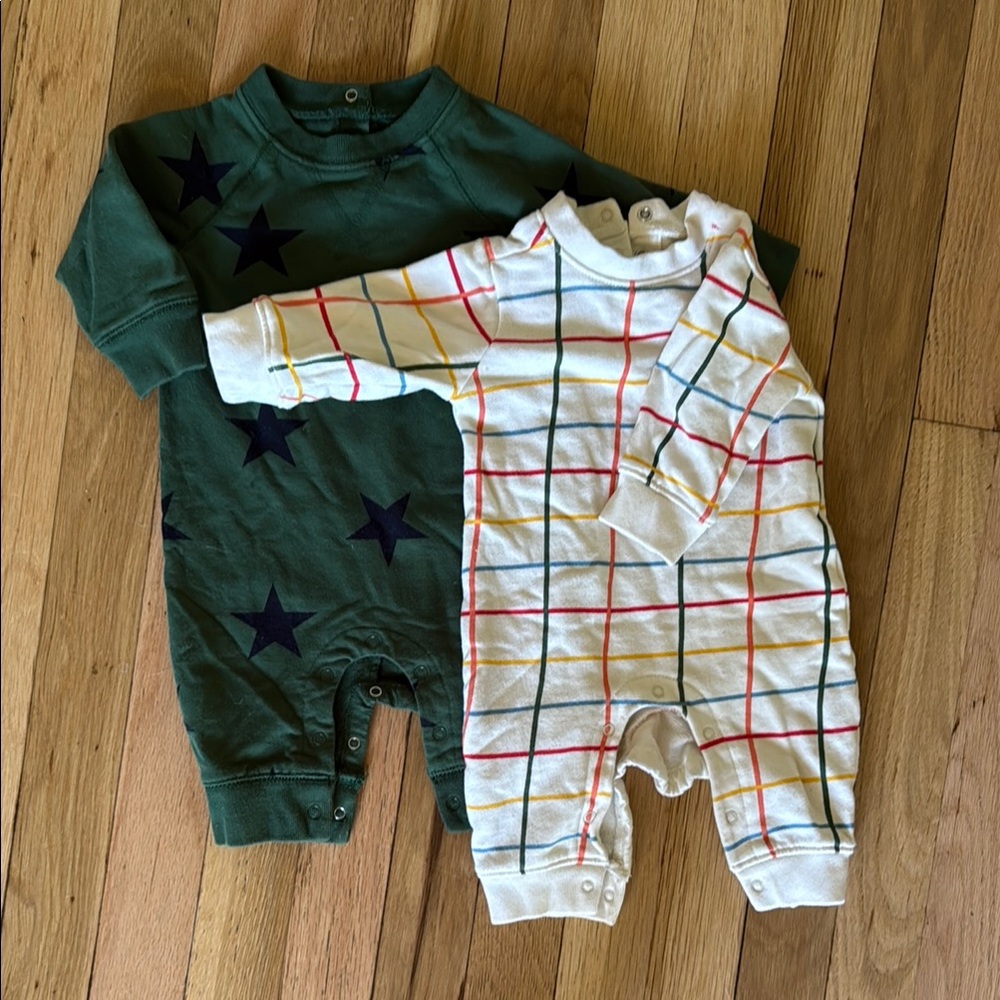 Primary organic cotton Green Star and Plaid Baby Rompers 0-3